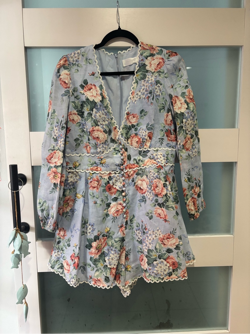 Zimmermann Bowie linen playsuit Pale Blue Floral V-Neck Long Sleeve size 3 - Picture 2 of 6